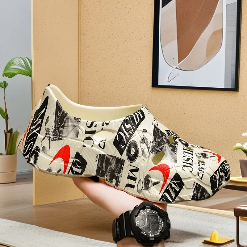 包头防滑厚底男士夏季网红拼接户外外穿居家软质洞洞沙滩凉鞋适合