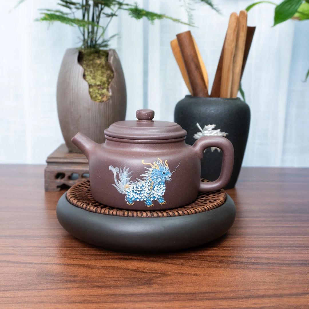 宜兴正宗紫砂壶手作天青紫泥泥绘德钟壶手制大容量家用茶具