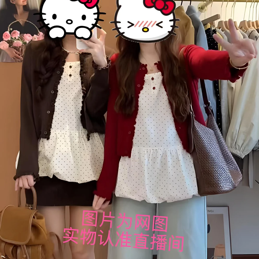 早秋新款甜美韩系叠穿波点衬衫裙+开衫两件套FF-90253