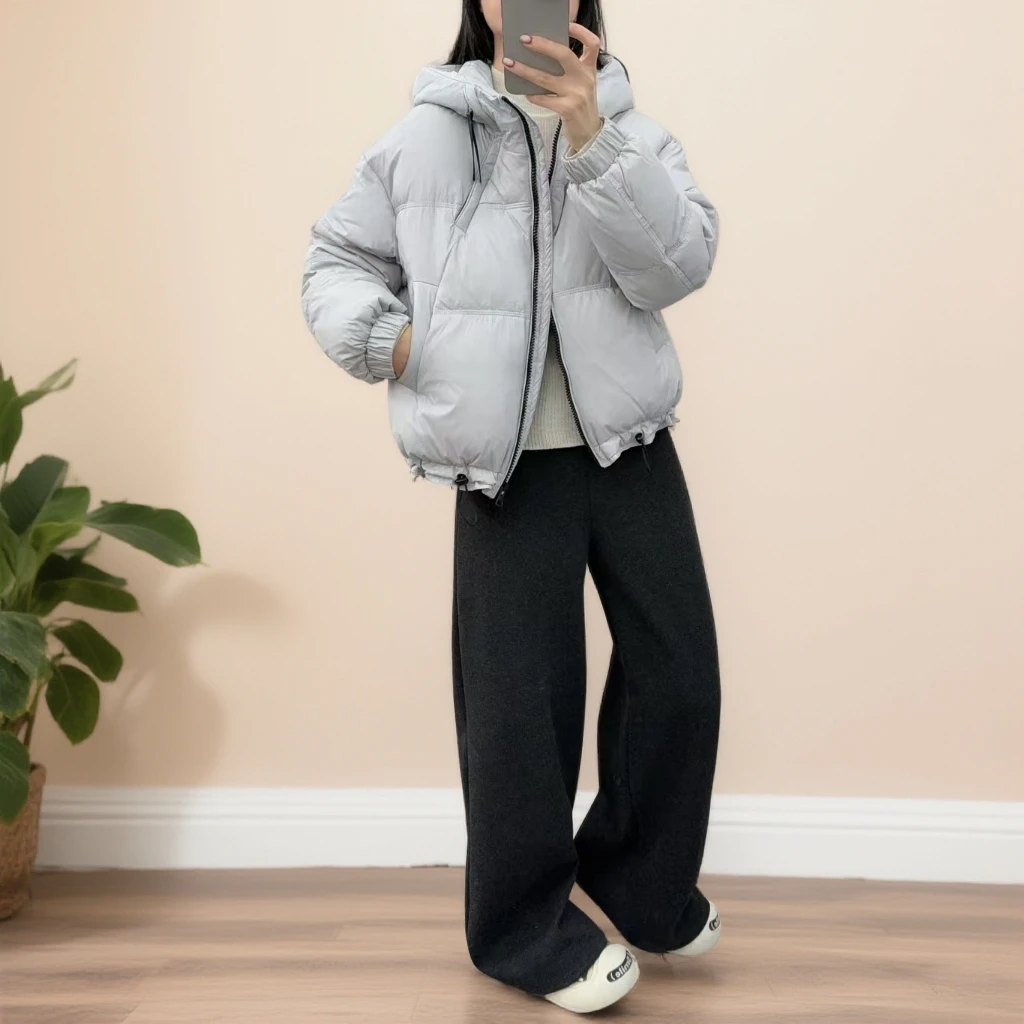 纯色抽绳连帽羽绒服女装2025冬季新款潮流时尚小个子白鸭绒短外套