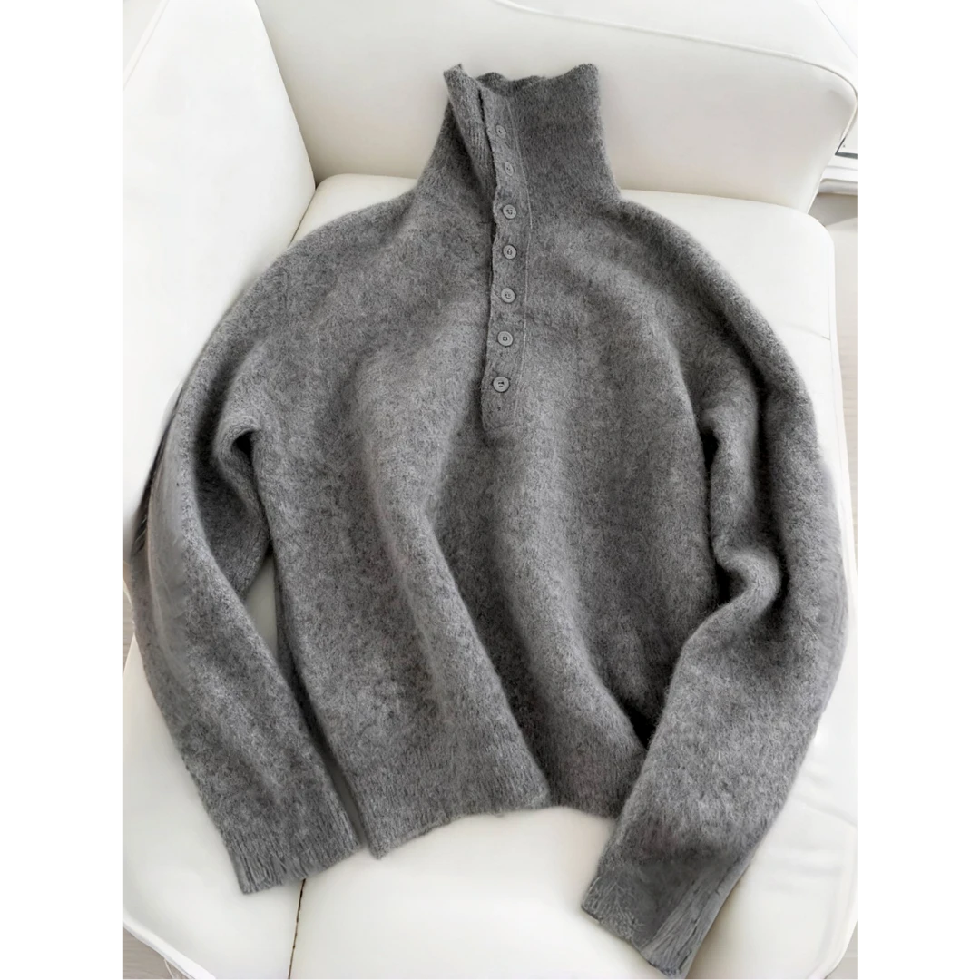 简直好看到炸！自留！灰色针织衫女高领显高毛衣复古宽松慵懒风上衣
