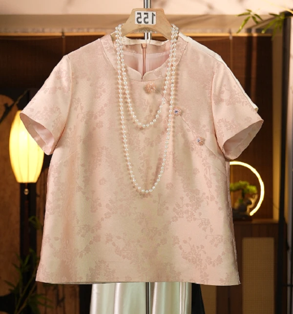 50姆米重磅人丝粉色女夏季新中式宽松短袖复古立领国风提花上衣