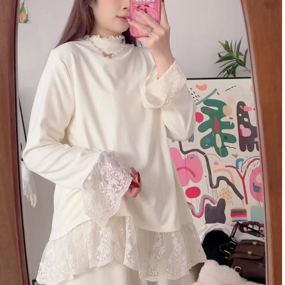 2024秋冬新款甜美森系蕾丝立领木耳边打底长袖气质百搭