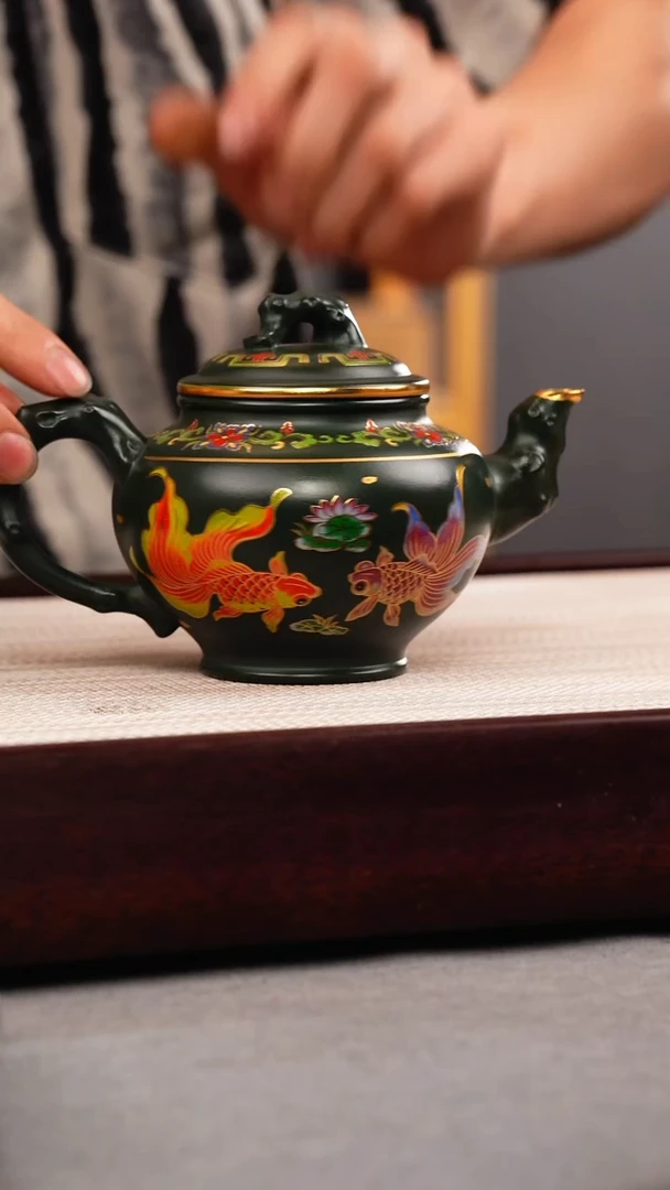 茶壶紫砂绿泥 报春 锦鲤珐琅彩