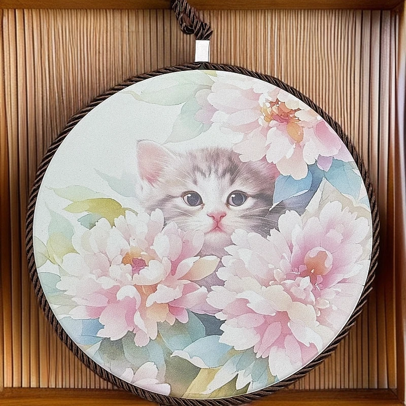 国风 牡丹猫圆形20挂绳杆爬茶盘 H112