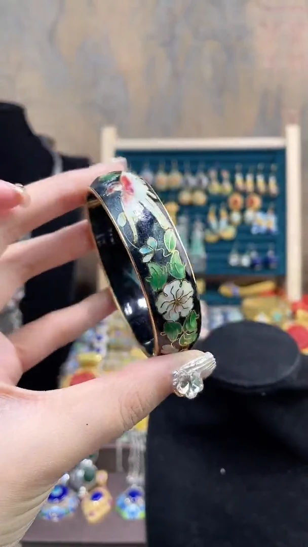 非遗手工景泰蓝开口银蓝镯子黑色