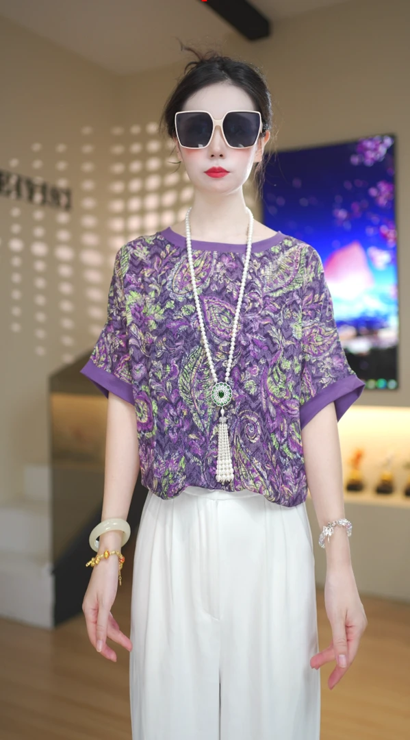 雀羽蓝印圆领撞色短袖宽松大版休闲显瘦透气凉爽夏季上衣女洋气