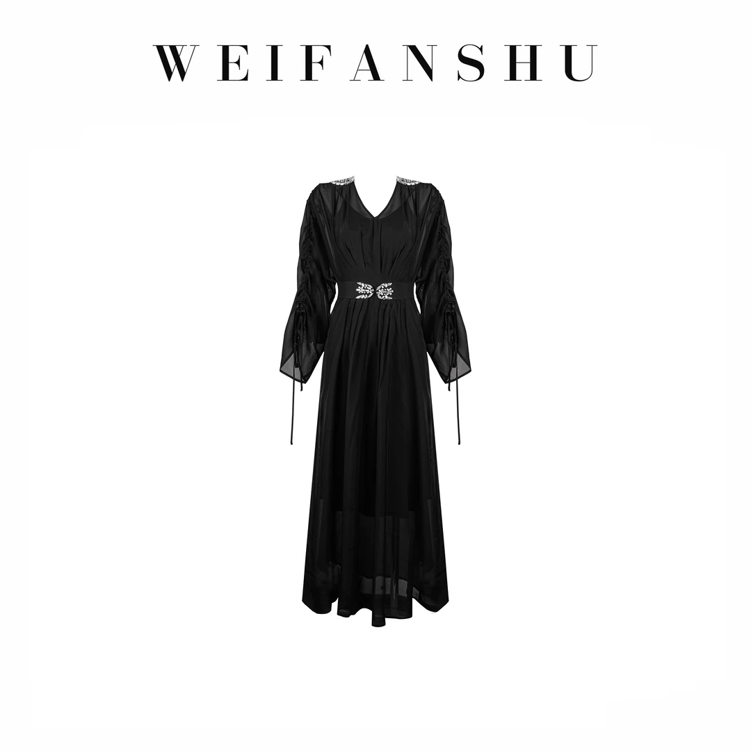 WEIFANSHU/魏凡舒【复古魅影】春夏新款设计感收腰显瘦真丝连衣裙