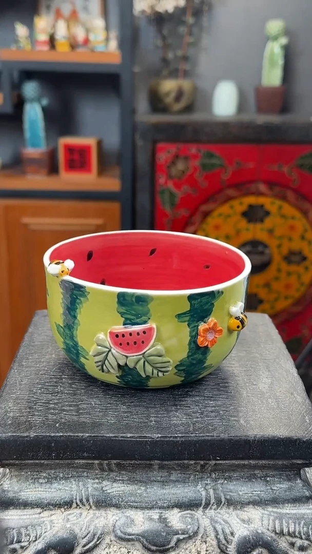 微瑕手工西瓜碗陶瓷