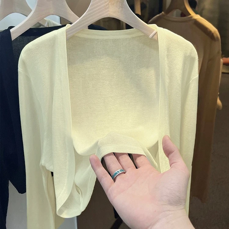 粉色冰丝防晒薄纱针织开衫女夏季薄款披肩外搭罩衫短款空调衫外套