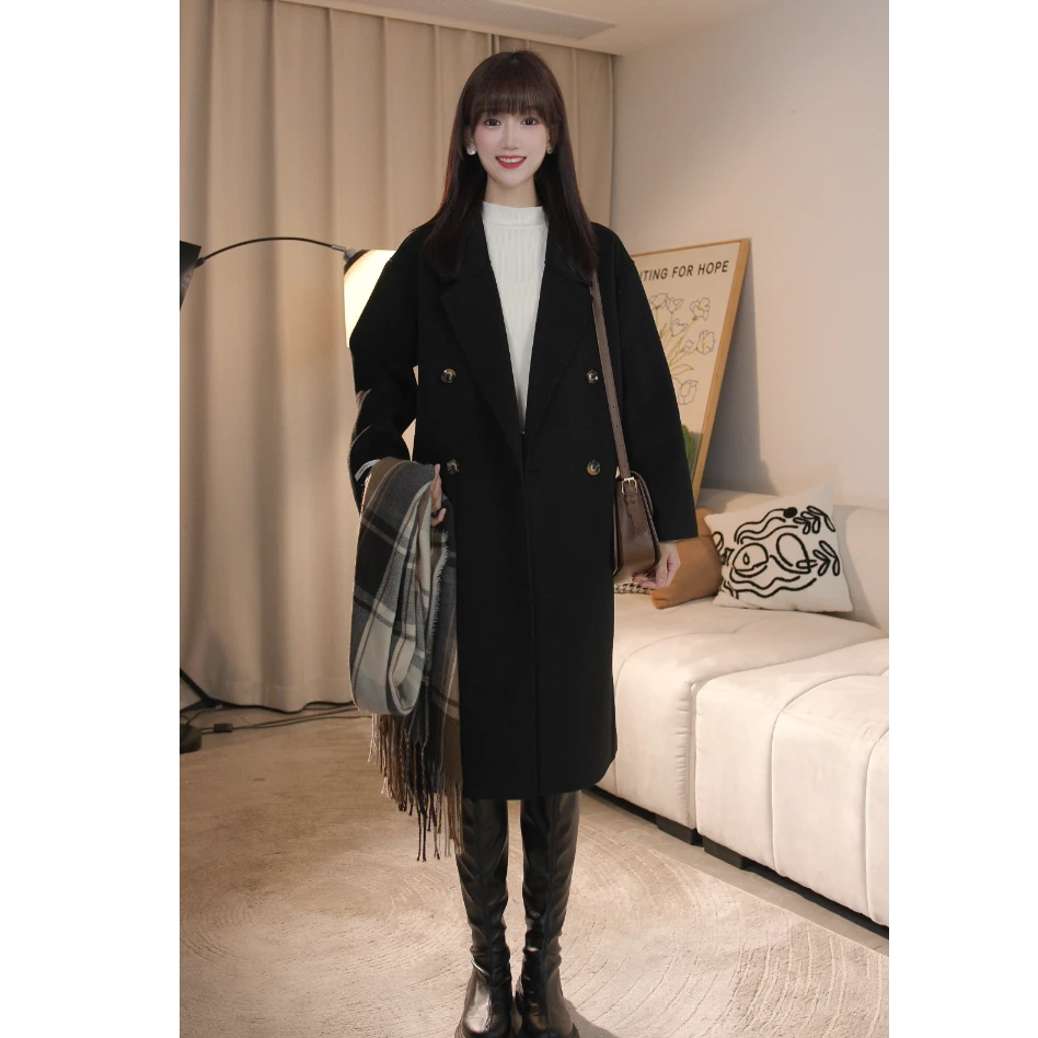 新年战袍四粒扣双面呢大衣显瘦双排扣毛呢外套大衣6001-K5