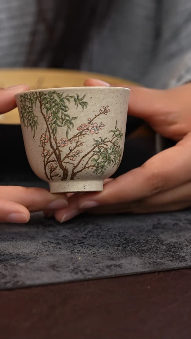 【闪购商品】紫砂茶杯白玉段 桃柳泥绘 主人杯