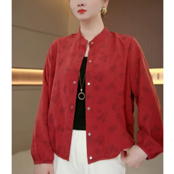 中国风外套春秋新款女2025年休闲百搭提花妈妈上衣时尚宽松开衫