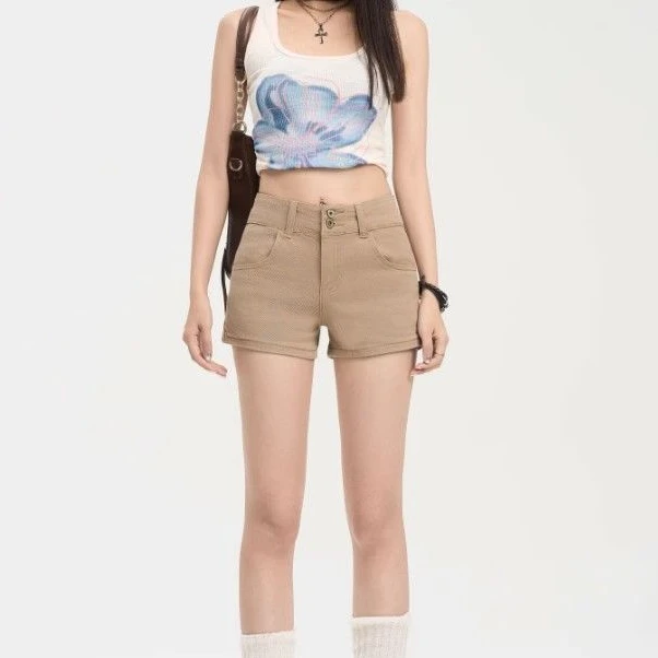 卡其色中高腰显瘦牛仔短裤女辣妹夏季新款直筒修身慵懒休闲热裤潮