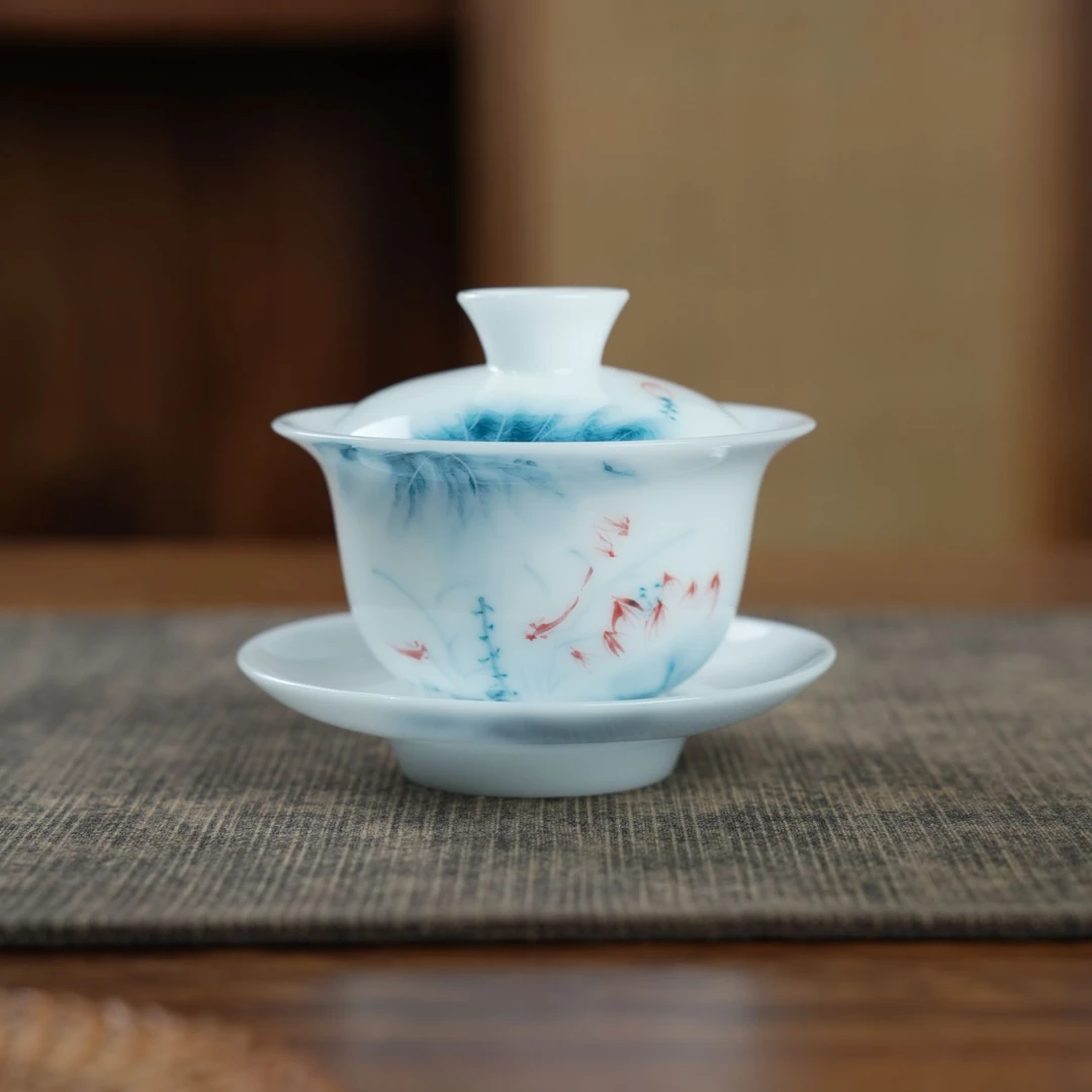 纯手绘高冰玉瓷蓝莲130ml三才茶盖碗