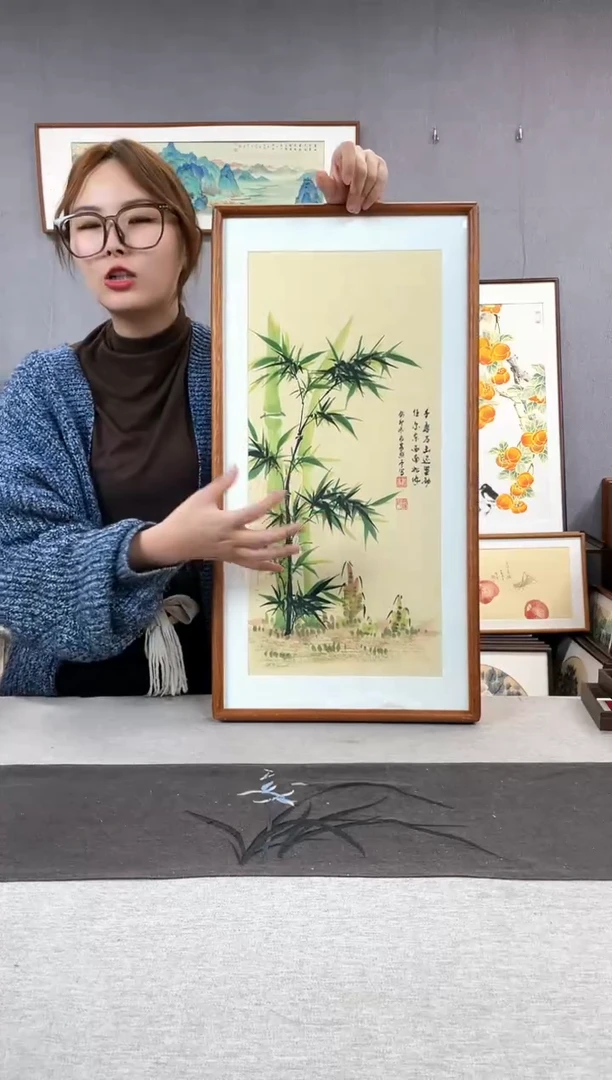 【闪购商品】国画贺照亭-纯手绘带框作品-35*68-竹子