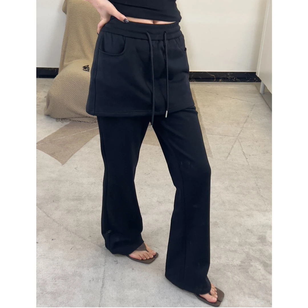 【清】逸语2025春夏韩系假两件带屁帘遮胯显瘦松紧腰休闲卫裤80085