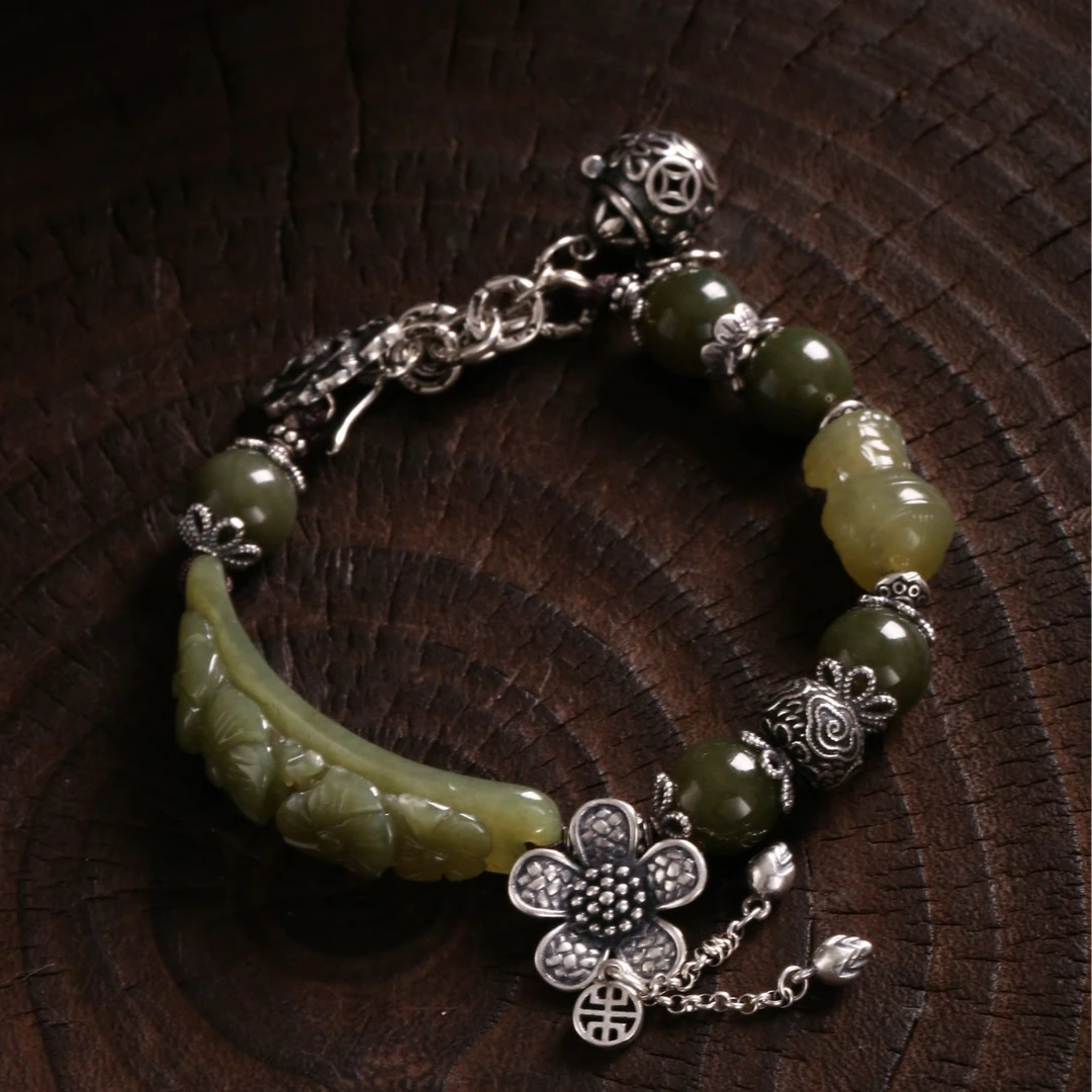 S09761<非晚s925银和田玉青黄口四朵花弧形手牌手链DIY项链多样发