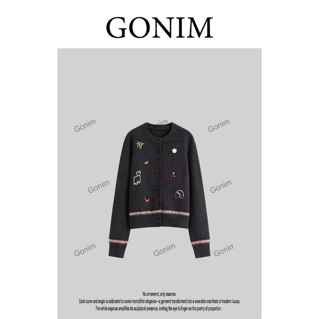 Gonim· 萌趣绣章’2025早秋针织网红女时尚门襟气质开衫女