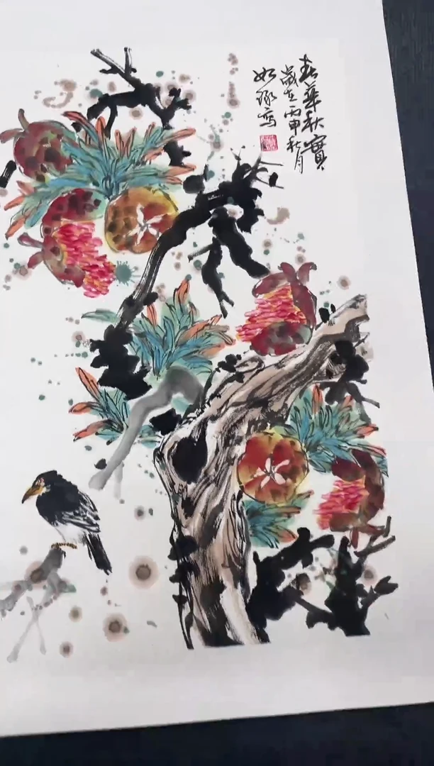 竖款精品开三花鸟