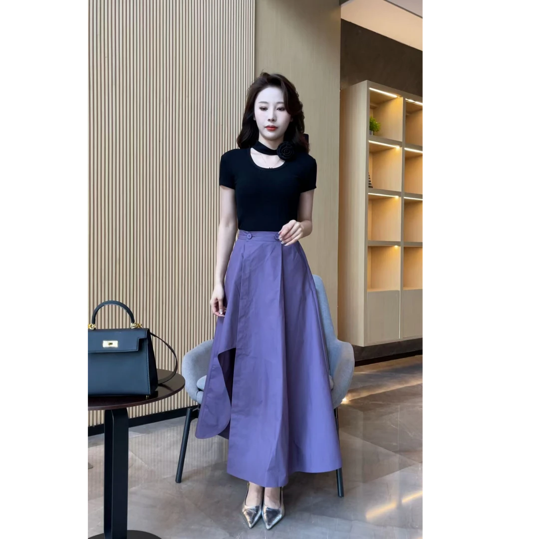【梦婷家】设计感显瘦褶皱不规则半身裙高腰纽扣休闲裙子- 25497