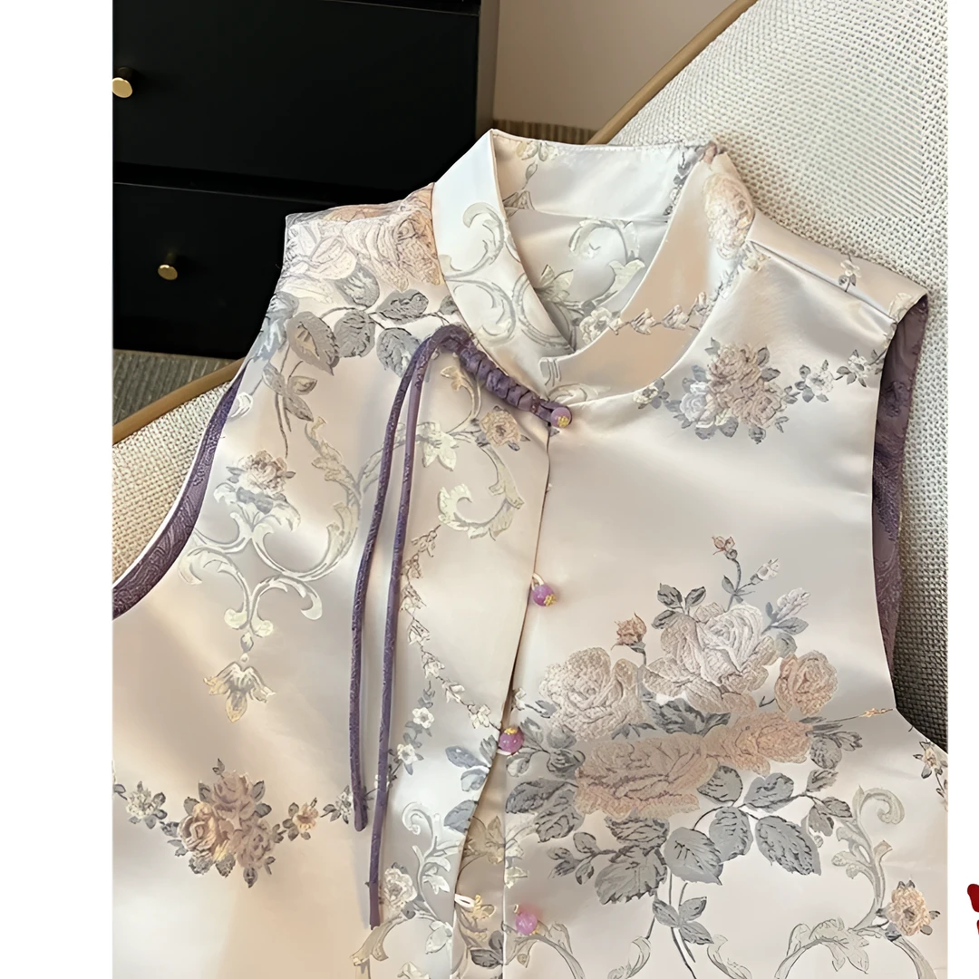 春季复古新中式国潮圆领盘扣提花刺绣开衫马甲外套9011