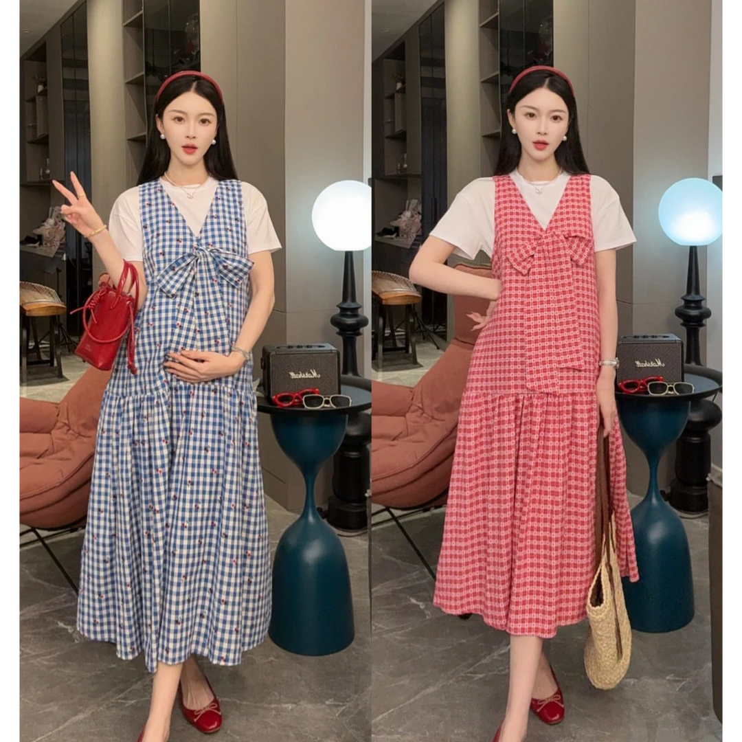 孕妇套装夏装2025韩版洋气时尚刺绣重工蝴蝶结背心裙+T恤两件套