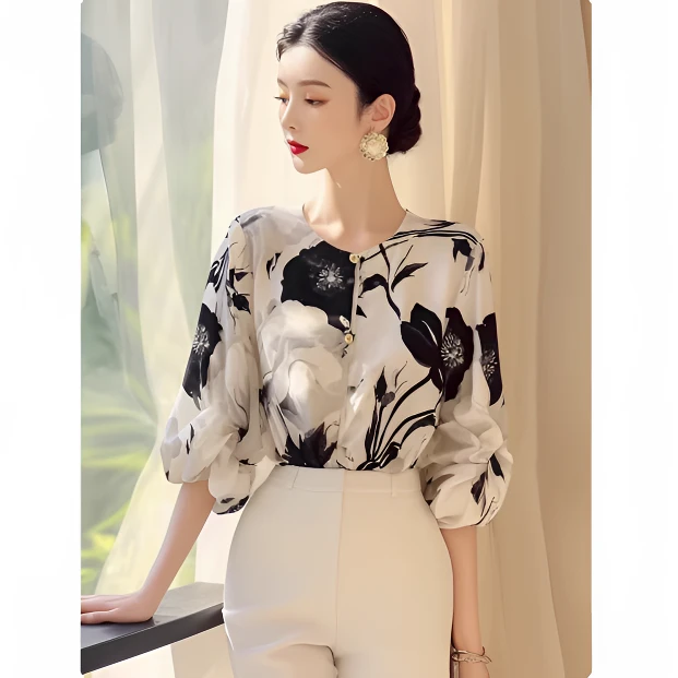 轻熟法式小众设计感上衣轻奢高级感独特别致绝美白色印花衬衫女夏