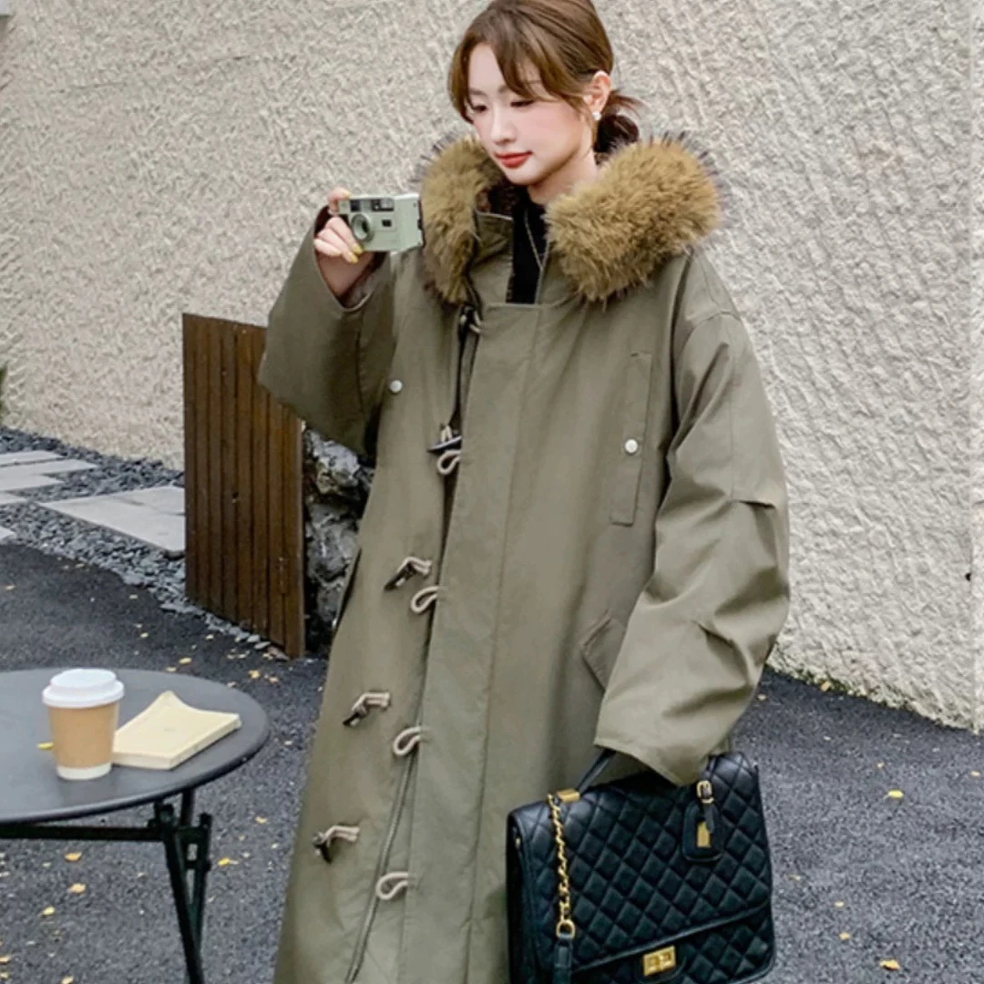 冬季派克服宽松型厚款长款时尚连帽长款宽松加厚韩版女款可脱卸