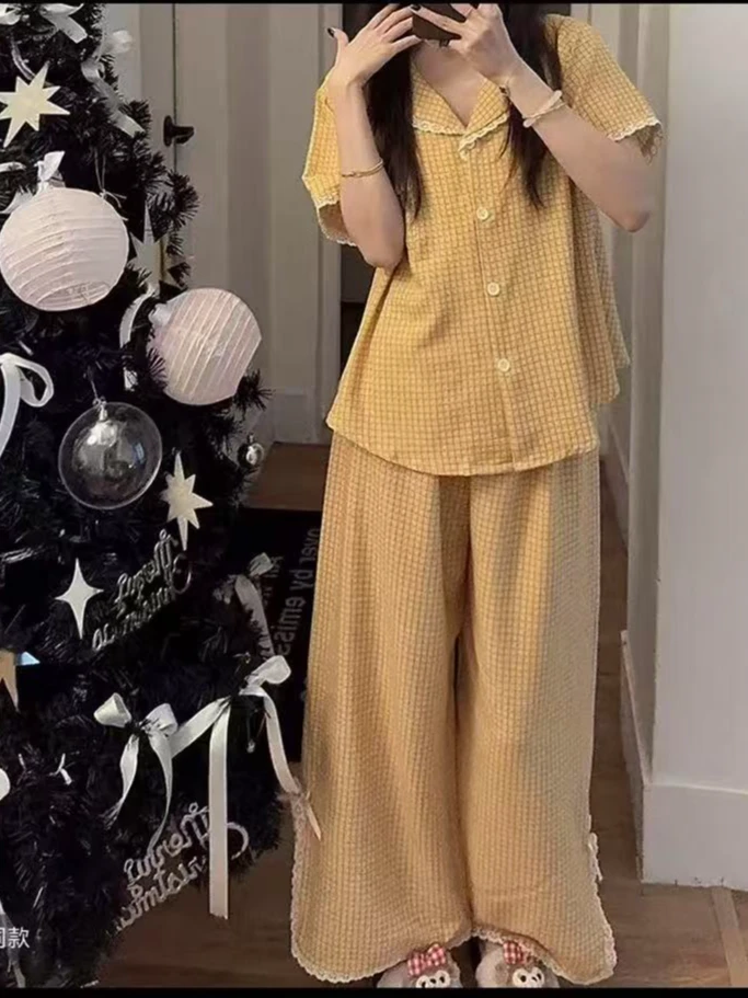 夏季韩版甜美花边黄色格子带胸垫开衫三件套