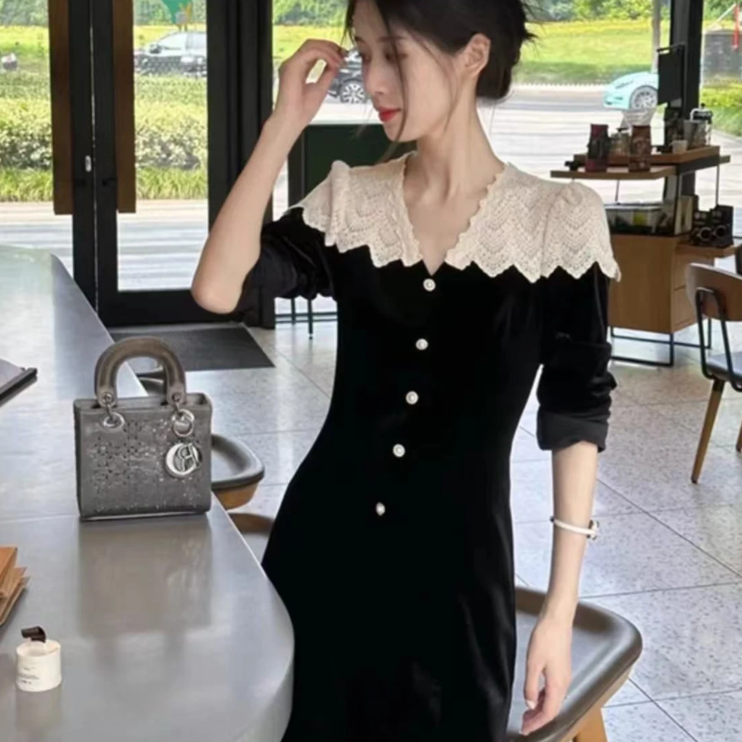 常规复古港风不褪色长裙中长裙H型裙单排扣连衣裙 0138