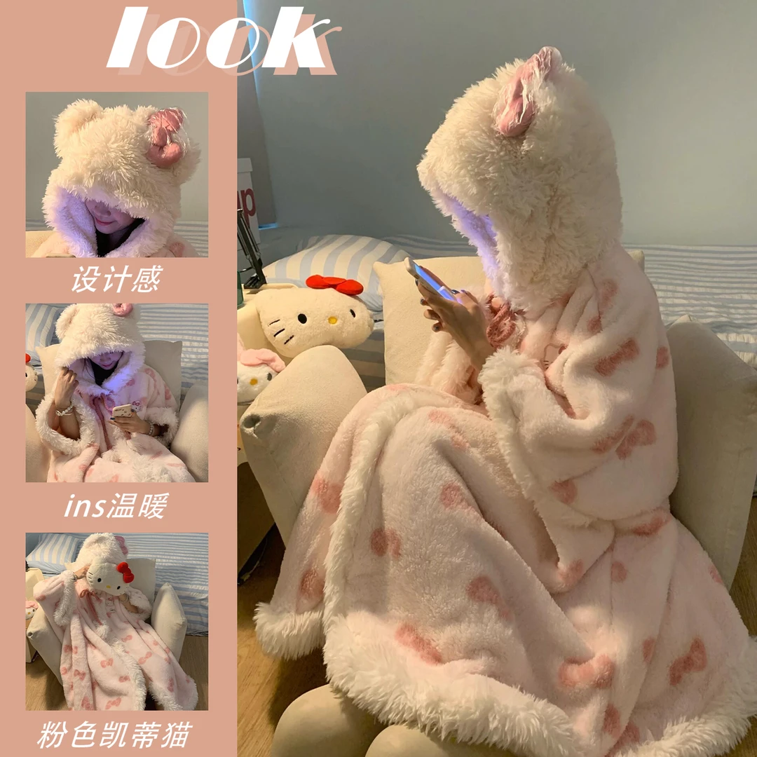 【超级加厚】睡衣女秋冬hello kitty睡袍玛丽猫斗篷睡袍睡衣家居服