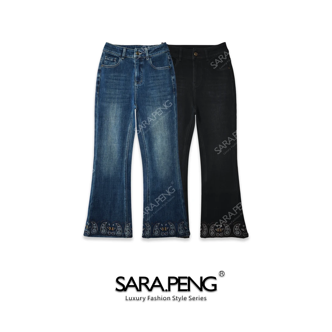 SARA.PENG刺绣图｜早秋款刺绣裤脚图直筒微喇九分牛仔裤｜1D168130