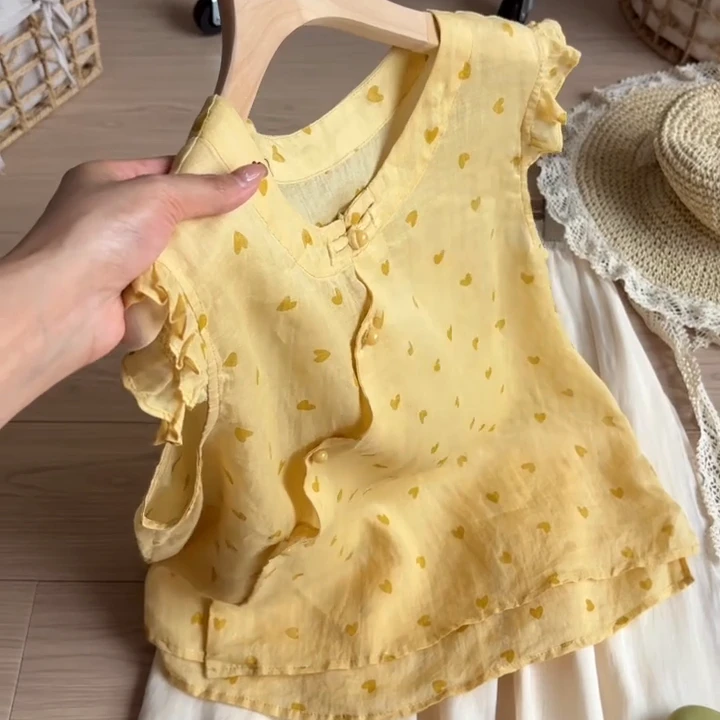 黄色爱心夏季薄款新中式盘扣休闲文艺衬衫短袖C5516