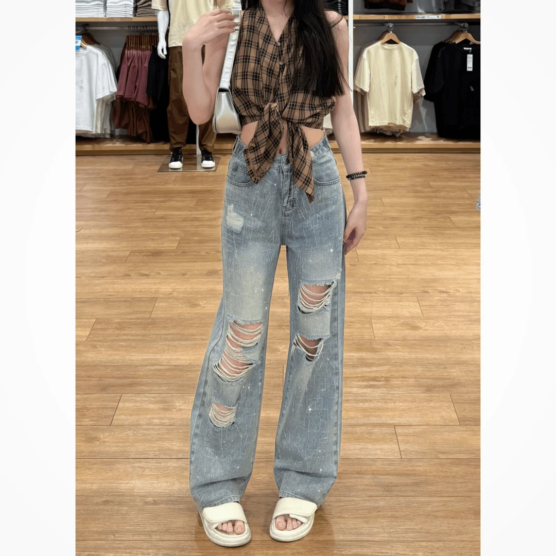 烫钻破洞牛仔裤女春夏季新款薄款小个子显瘦宽松高腰直筒裤子