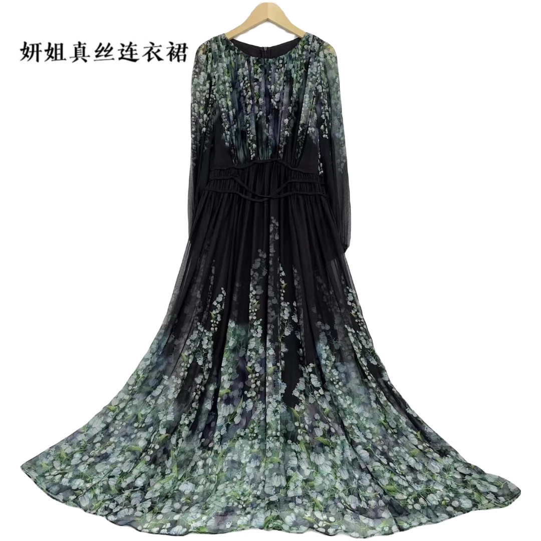 女装黑色时尚《满天星》定位碎花英伦风气质收腰大长裙款23058-3