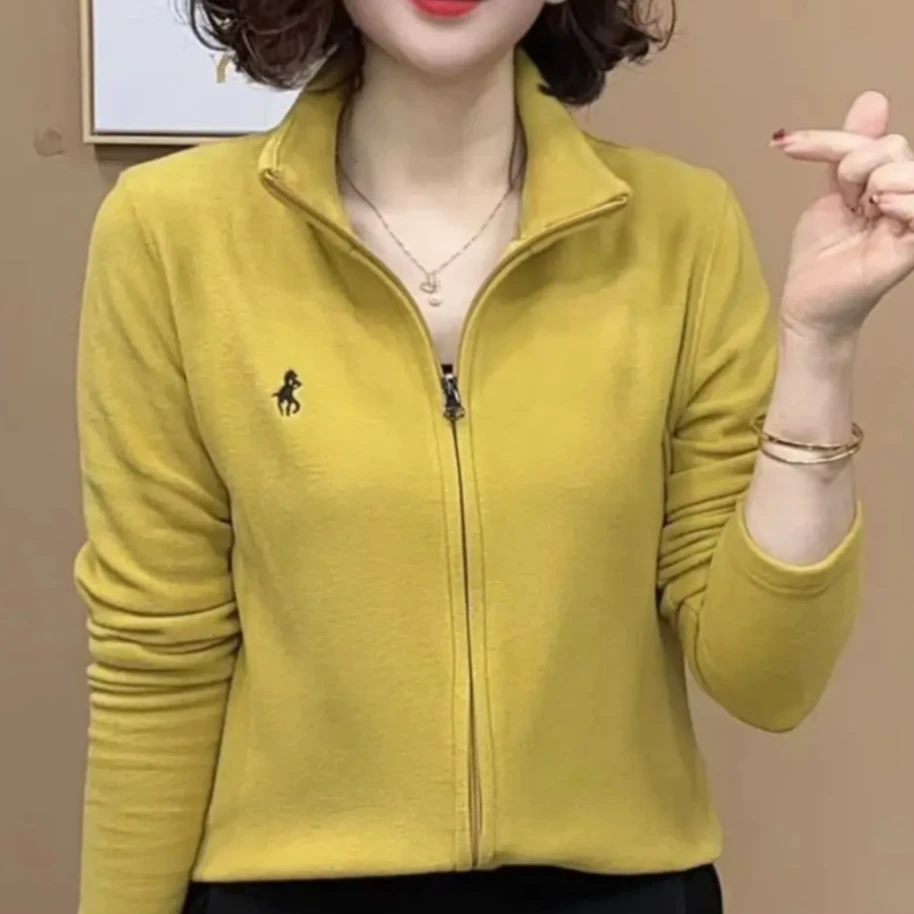 新款纯色开衫显瘦上衣女洋气百搭气质拉链刺绣长袖