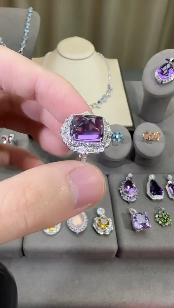 银S925镶嵌戒指紫晶10*8mm戒指糖塔