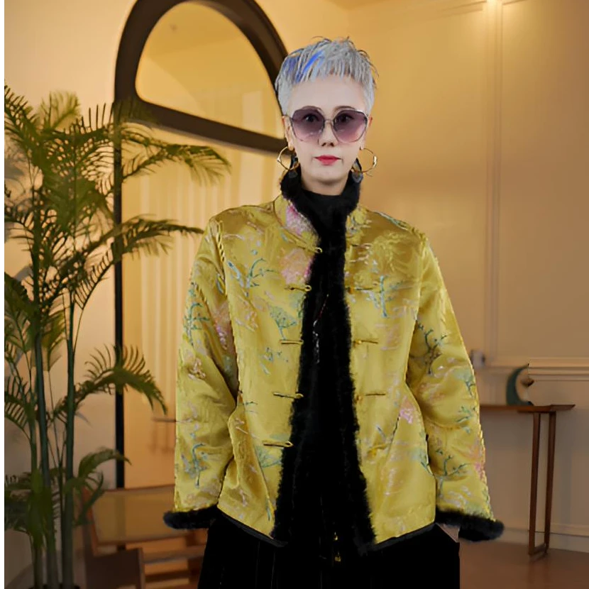 乔诗绣【云锦天章】双面穿桑蚕丝水貂毛新中式国风加厚外套99925-2