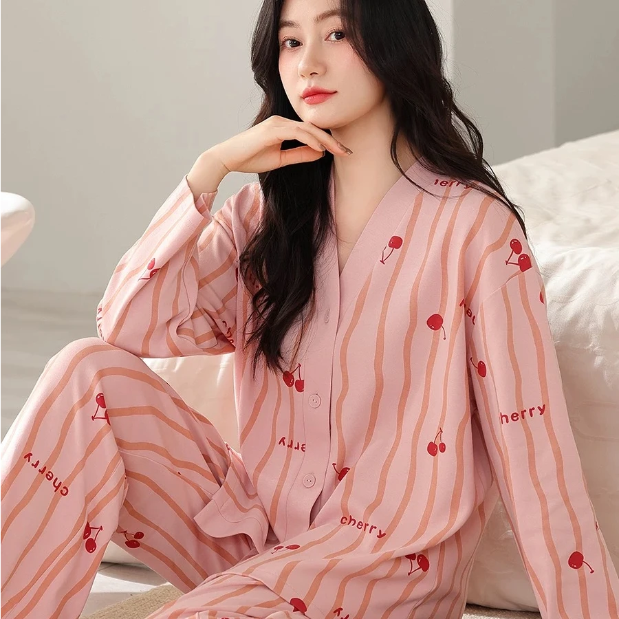 2024新款睡衣女春秋款棉长袖可外穿薄款V领棉家居服套装