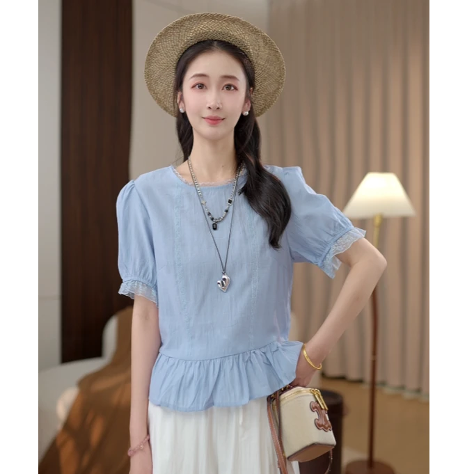 马克华菲女装舒适简约纯色百搭气质圆领女短袖衬衫F52004A498CC