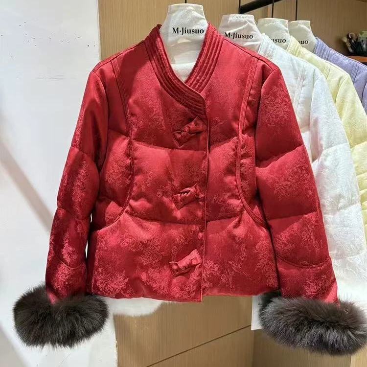 928新中式国风蝴蝶结斜V领单排扣时尚气质带毛短外套女冬