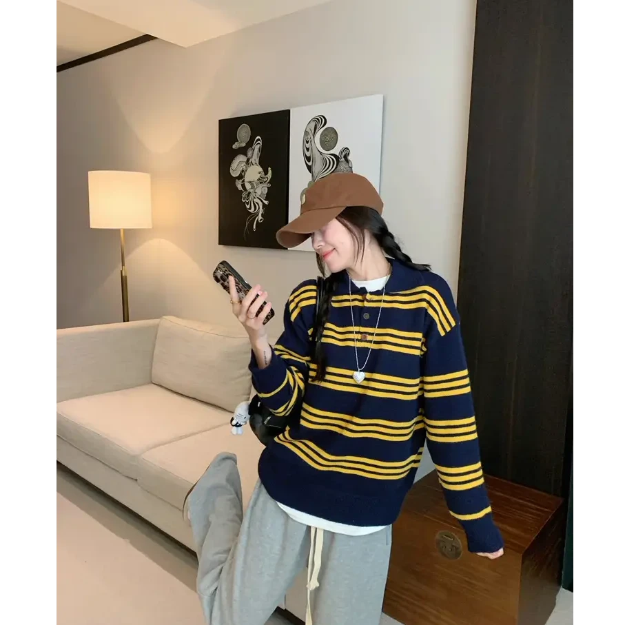韩系复古撞色条纹毛衣女2025秋新款百搭休闲减龄polo领针织衫上衣