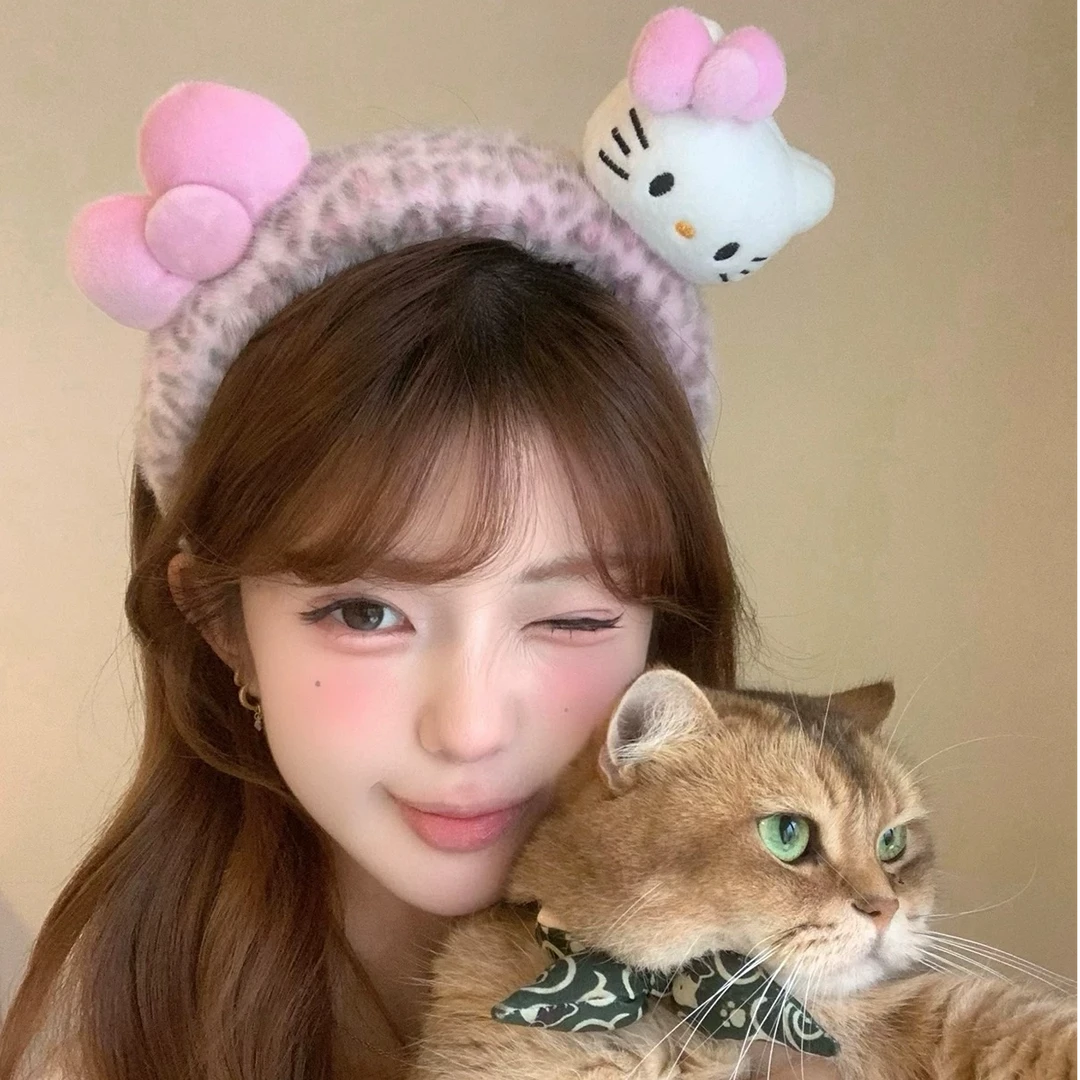 韩系豹纹kt猫蝴蝶结毛绒发箍女高颅顶头箍发饰日常外戴压发头饰