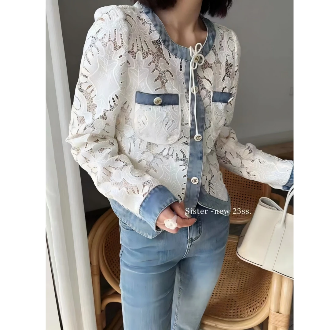 【四季青红姐】立体蕾丝钩花拼接牛仔长袖上衣6872