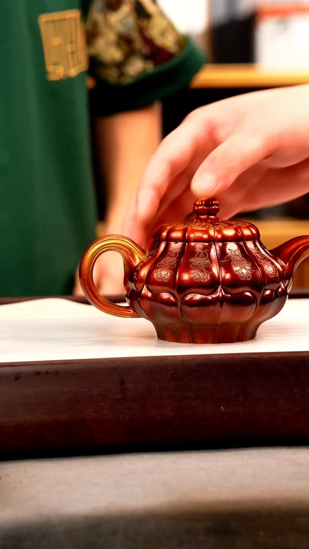 茶壶紫砂金贝烧 筋纹合菱 刻绘