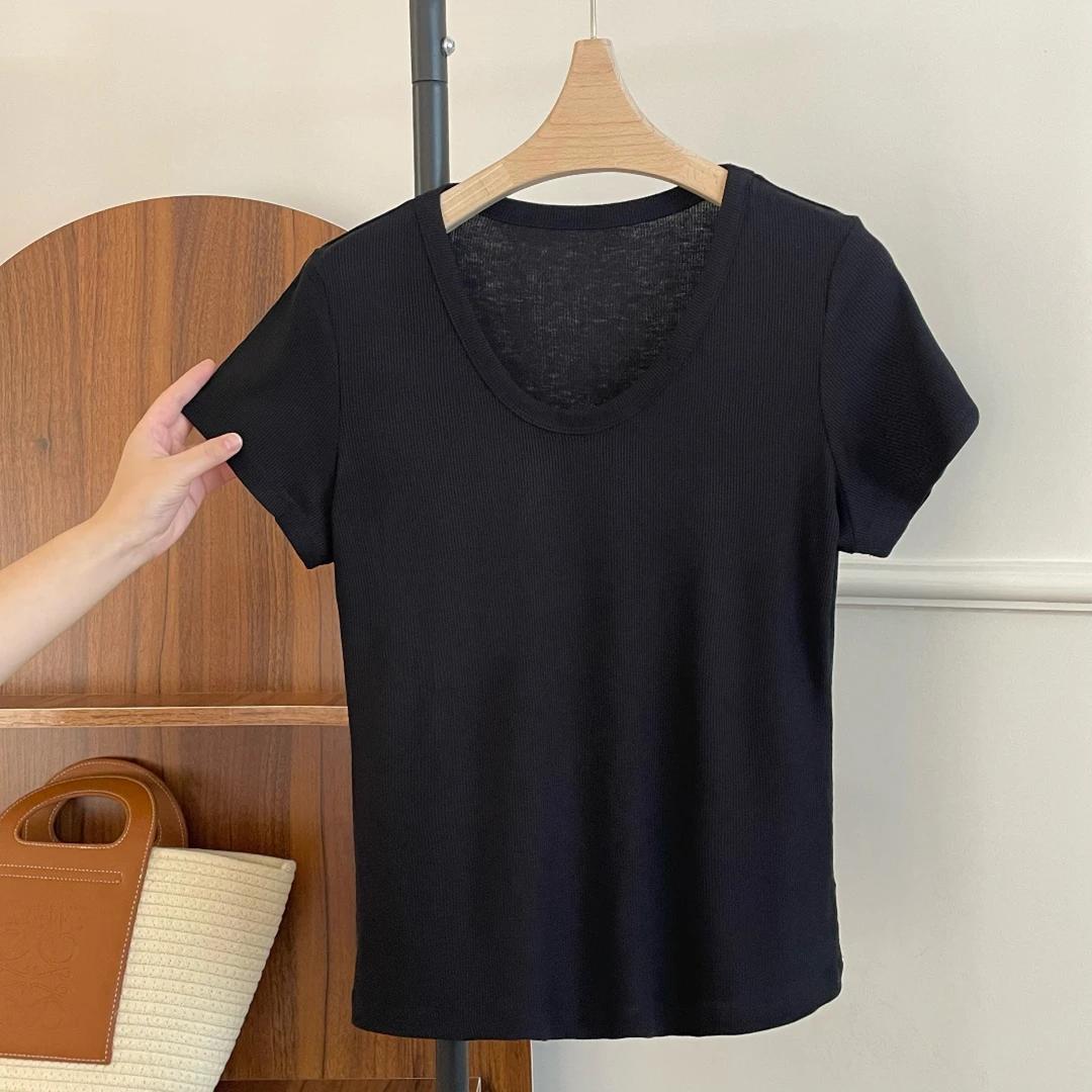 AMAZCOOL 夏季时尚U领金属标弹力百搭T恤3209