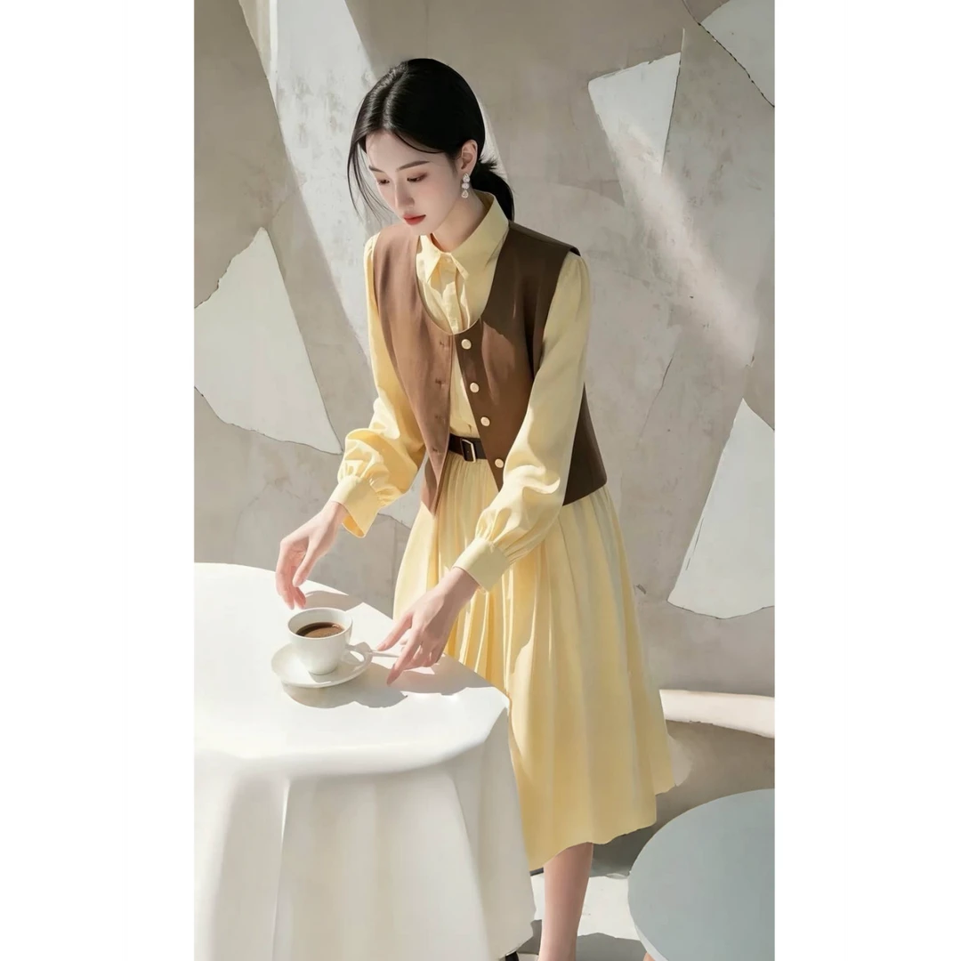 2025开春大方得体穿搭高级感独特漂亮小香风咖色马甲连衣裙套装女