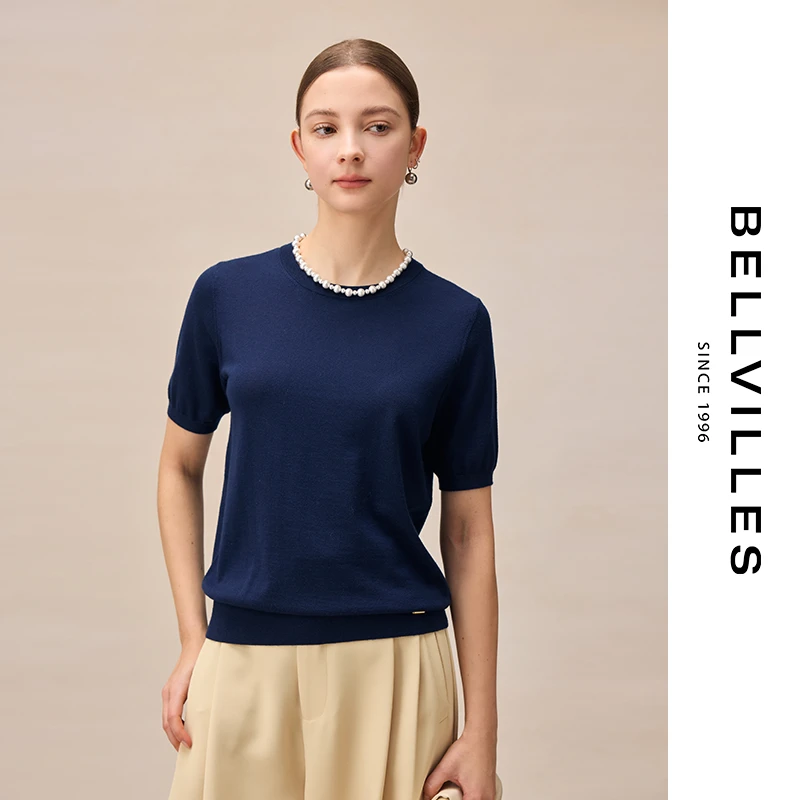 贝拉维拉纯色针织短袖藏蓝色气质干练简约套头女装精纺羊毛短袖t