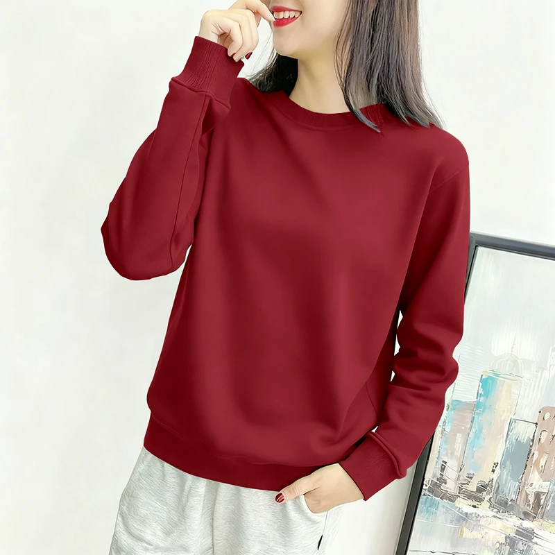 新款圆领秋冬长袖上衣百搭纯色加绒韩版宽松加厚通勤休闲卫衣